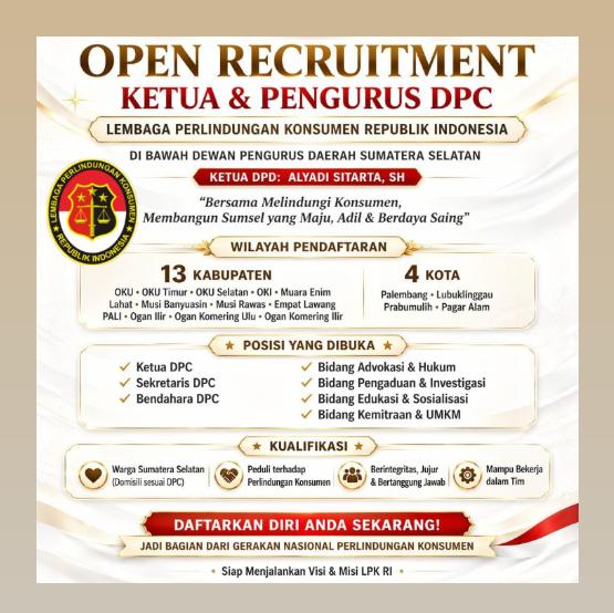 DPD Sumatera Selatan Buka Rekrutmen Ketua dan Pengurus DPC, Perkuat Perlindungan Konsumen di Daerah
