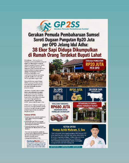 “Gerakan Pemuda Pembaharuan Sumsel Soroti Dugaan Pungutan Rp20 Juta per OPD Jelang Idul Adha: 38 Ekor Sapi Diduga Dikumpulkan di Rumah Orang Terdekat Bupati Lahat”